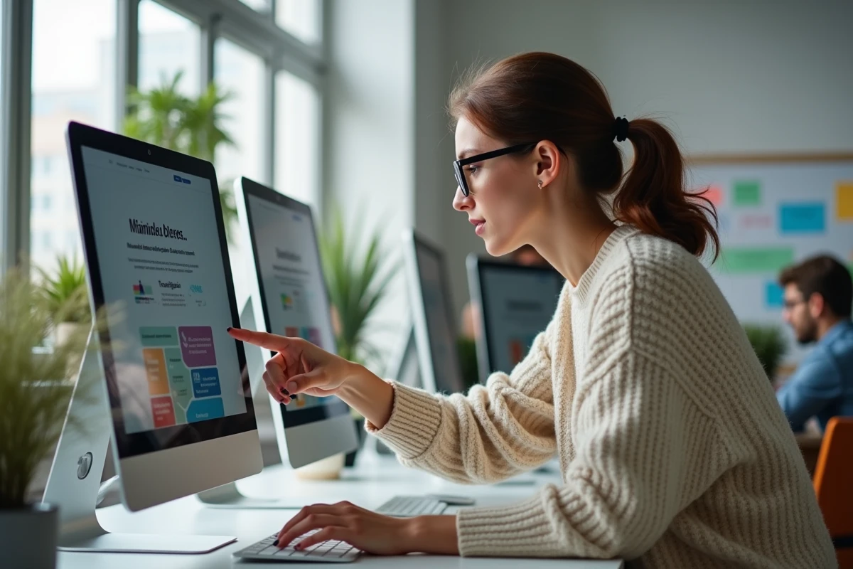 Jeune femme curieuse pointant un écran dans un espace de coworking lumineux