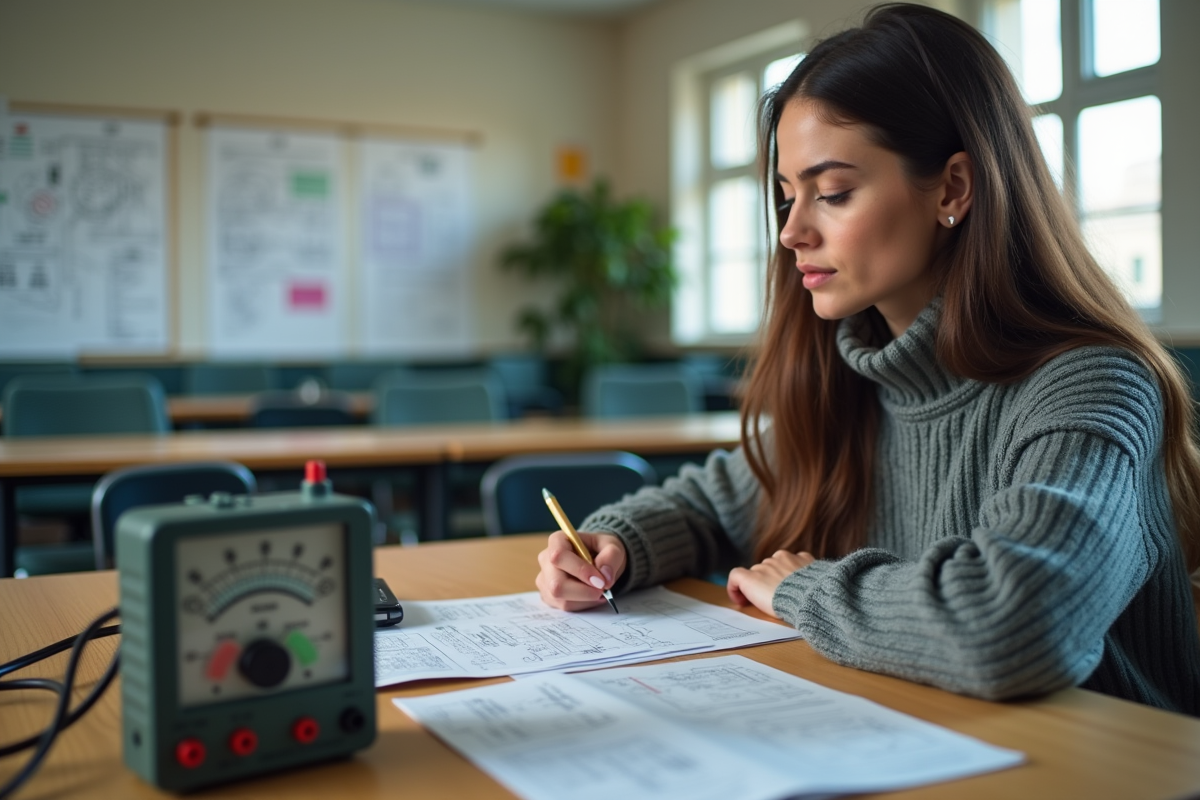 Jeune femme prenant des notes avec un wattmètre et transformateur