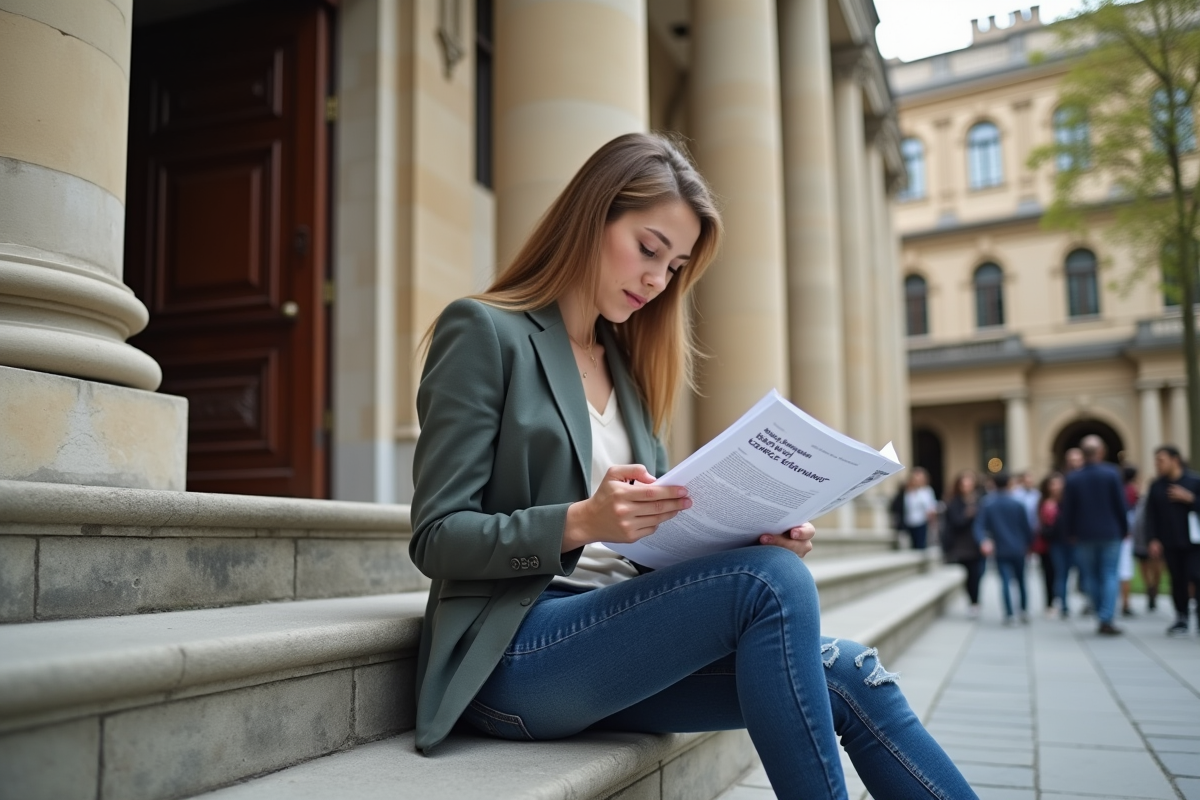 Jeune femme lisant un rapport de cybersecurite sur les marches