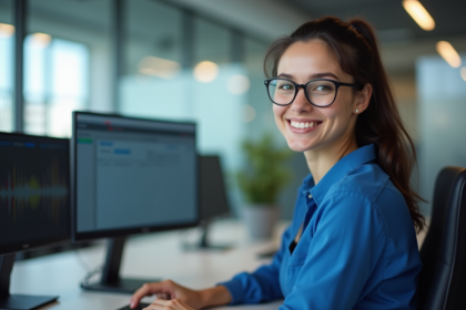 Jeune femme professionnelle concentrée devant son ordinateur