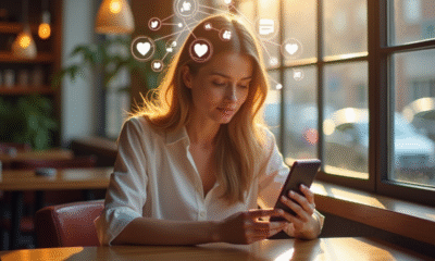 Jeune femme absorbée par son smartphone au café