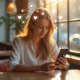 Jeune femme absorbée par son smartphone au café