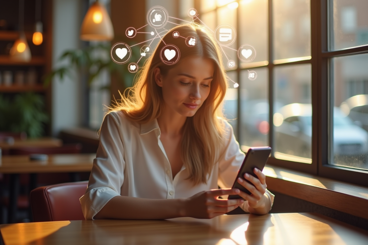 Jeune femme absorbée par son smartphone au café