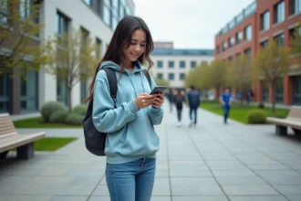 Jeune femme avec hoodie bleu vérifiant son smartphone dans un campus universitaire