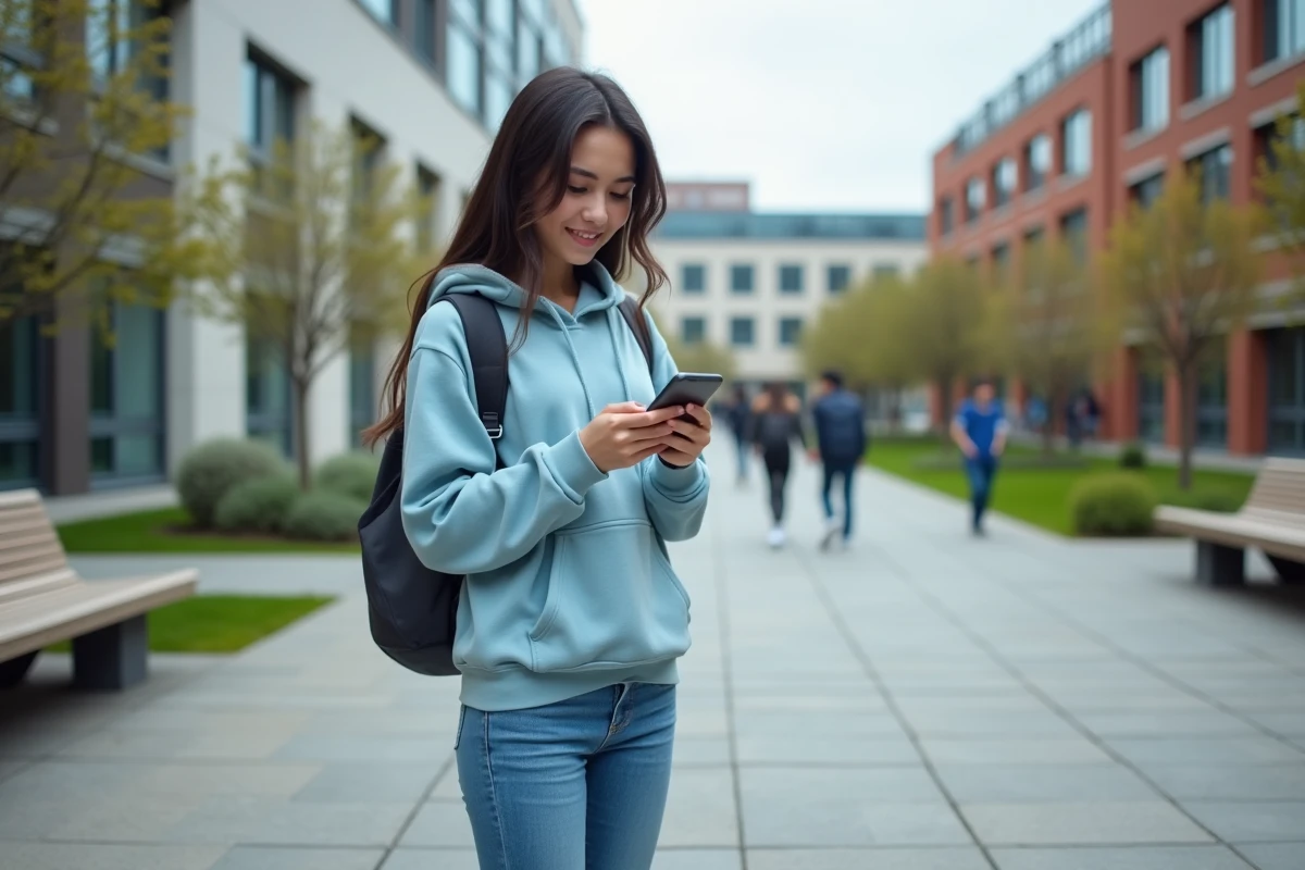 Jeune femme avec hoodie bleu vérifiant son smartphone dans un campus universitaire