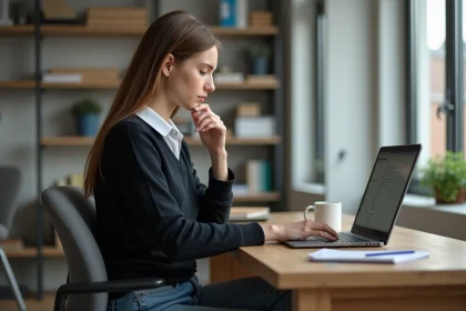 Jeune femme installant son webmail sur un ordinateur portable dans un bureau moderne