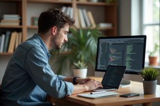 Jeune homme en bureau regardant un écran de code