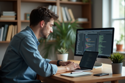 Jeune homme en bureau regardant un écran de code