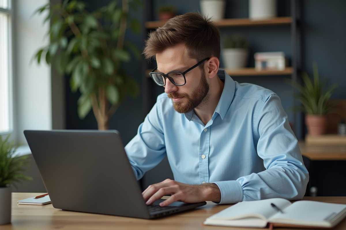 Jeune homme en bureau moderne avec ordinateur portable