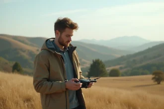 Jeune homme en plein air contrôlant un drone dans un champ