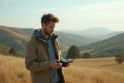Jeune homme en plein air contrôlant un drone dans un champ