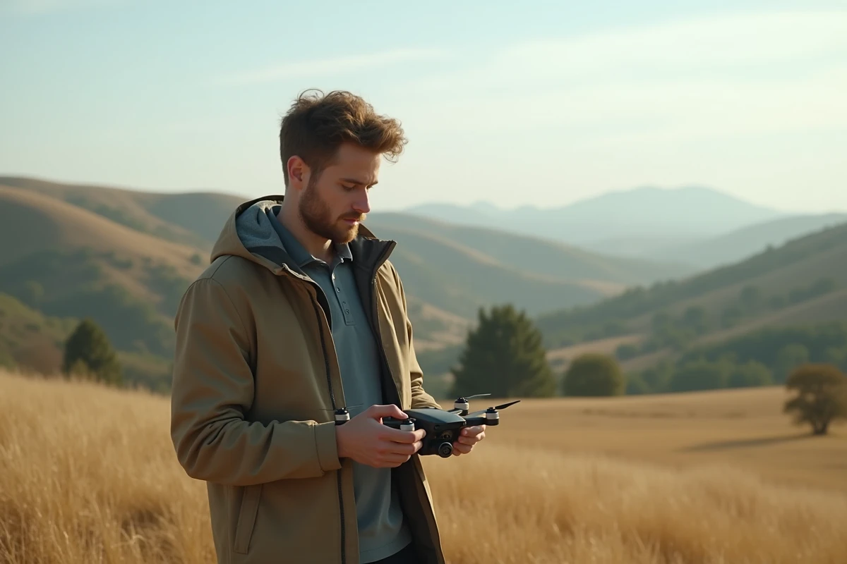 Jeune homme en plein air contrôlant un drone dans un champ