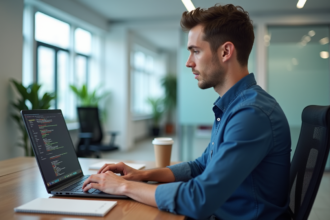 Jeune homme en informatique travaillant sur un ordinateur portable dans un bureau moderne