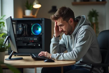 Jeune homme frustré devant un ordinateur déconnecté