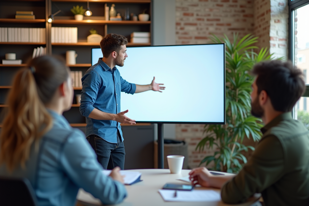 Jeune homme expliquant un mockup de page web à ses collègues