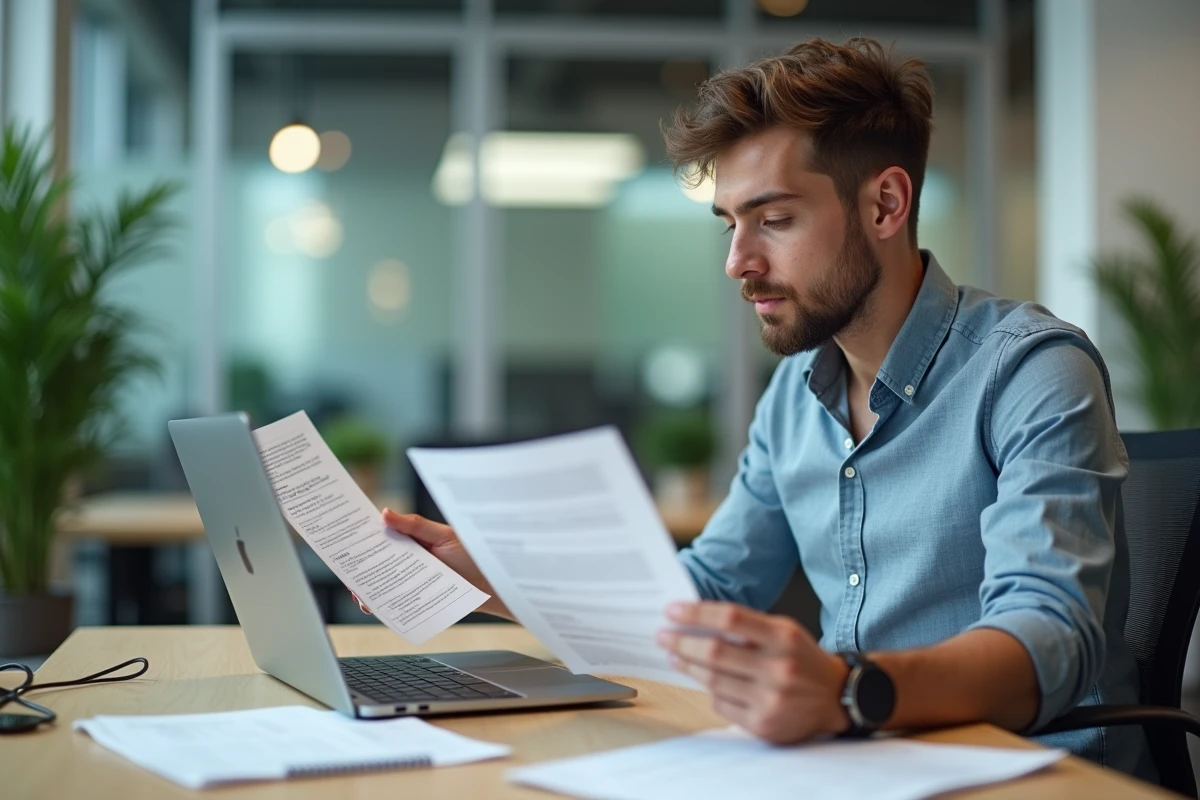 Jeune homme étudiant des documents de politique site web