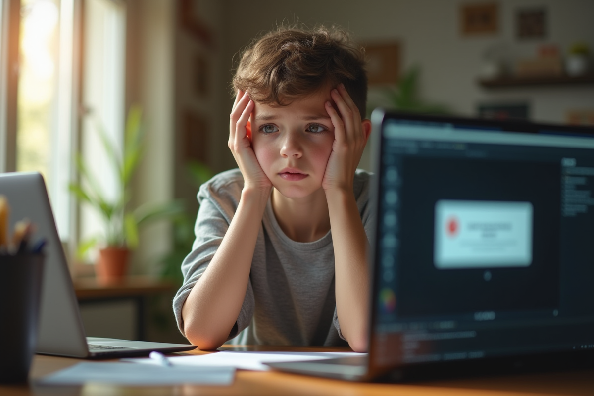Jeune personne frustrée face à un ordinateur avec erreur sur l