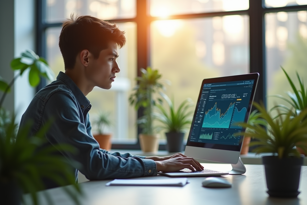 Jeune professionnel regardant des graphiques d'analytique sur un ordinateur dans un bureau lumineux