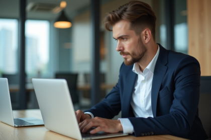 Jeune homme professionnel analysant un rapport backlink sur son ordinateur