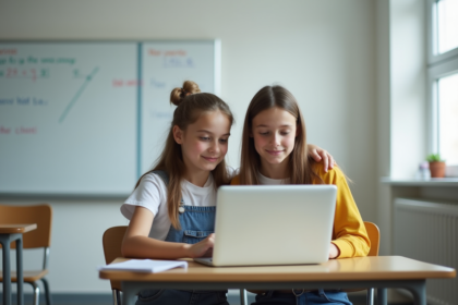 Adolescents en classe travaillant ensemble sur un ordinateur
