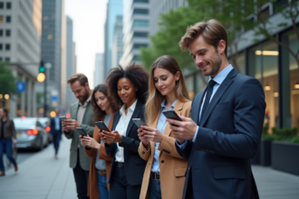 Groupe de jeunes professionnels utilisant leurs smartphones en ville