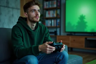 Joueur tenant une manette Xbox nouvelle génération dans un salon moderne, anticipant les exclusivités Xbox Game Studios