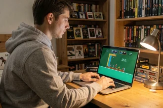Joueur adulte travaillant sur un patch de ROM Pokémon Émeraude sur son ordinateur portable dans une chambre gaming