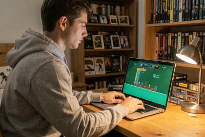 Joueur adulte travaillant sur un patch de ROM Pokémon Émeraude sur son ordinateur portable dans une chambre gaming
