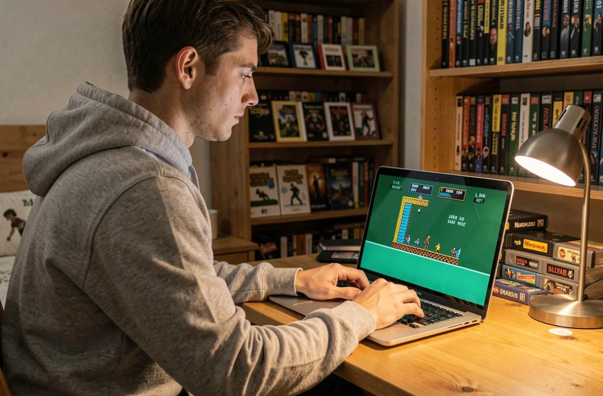 Joueur adulte travaillant sur un patch de ROM Pokémon Émeraude sur son ordinateur portable dans une chambre gaming