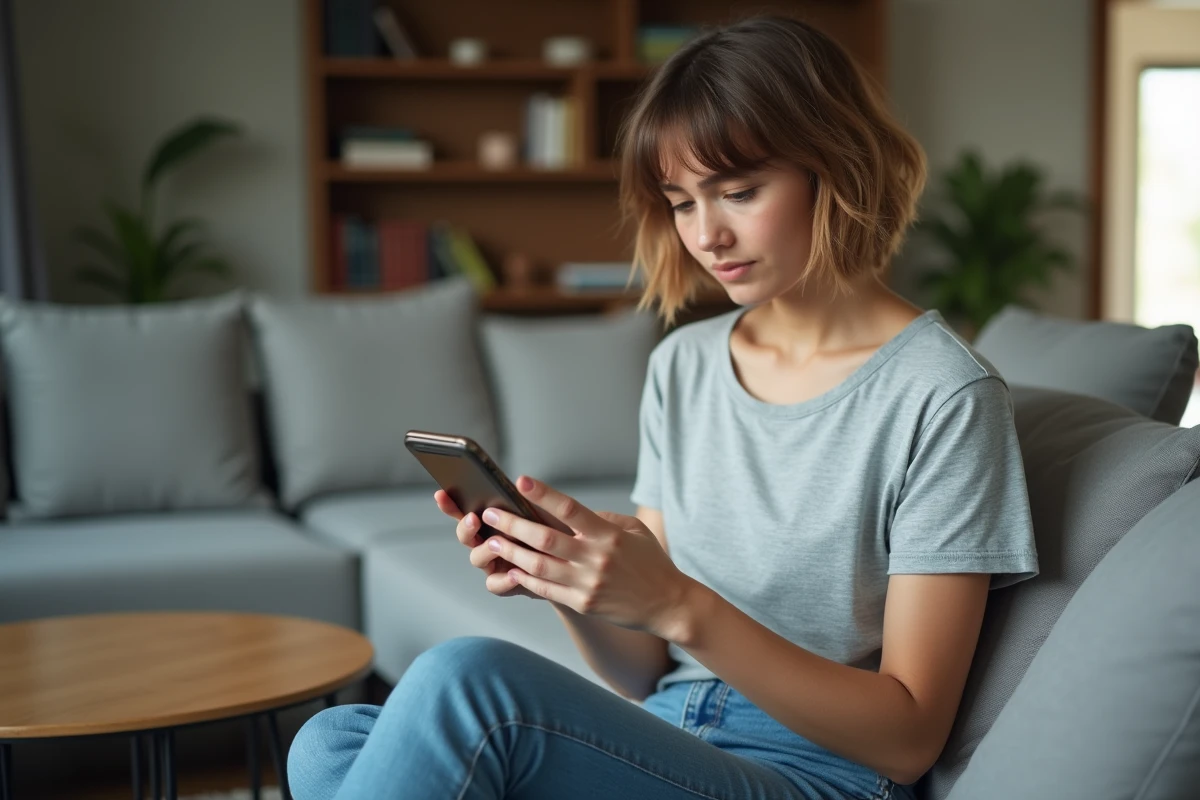Joueuse consultant l'historique de transactions Valorant sur smartphone suite à un problème de paiement