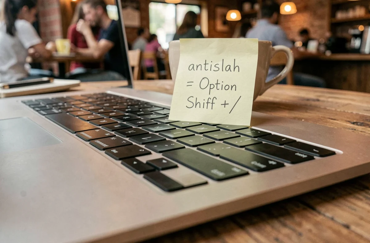 MacBook Pro sur une table de café avec un post-it indiquant le raccourci clavier pour l'antislash