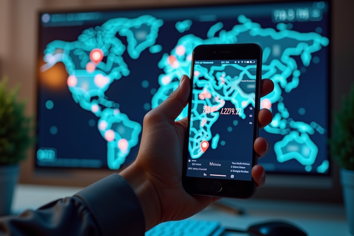 Main tenant un smartphone avec une carte numérique colorée