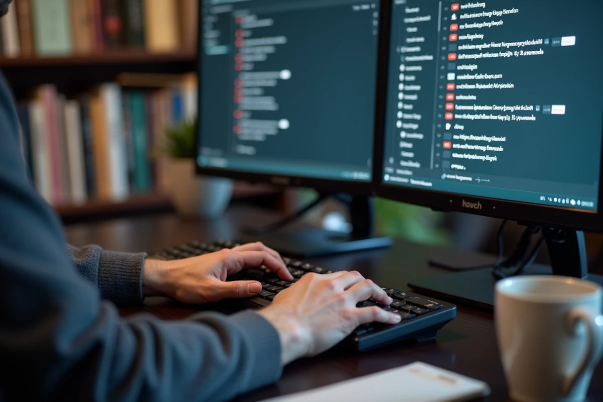 Mains d'un professionnel expérimenté classant des emails archivés dans une arborescence de dossiers sur un webmail