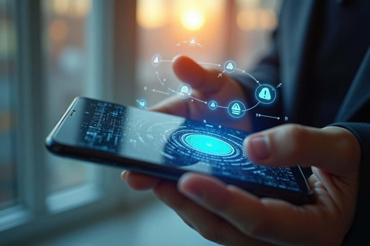 Mains tenant un smartphone avec empreinte digitale et icônes de données