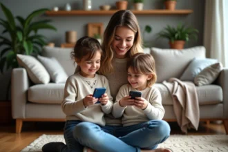 Maman souriante avec ses enfants dans un salon chaleureux
