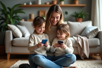 Maman souriante avec ses enfants dans un salon chaleureux