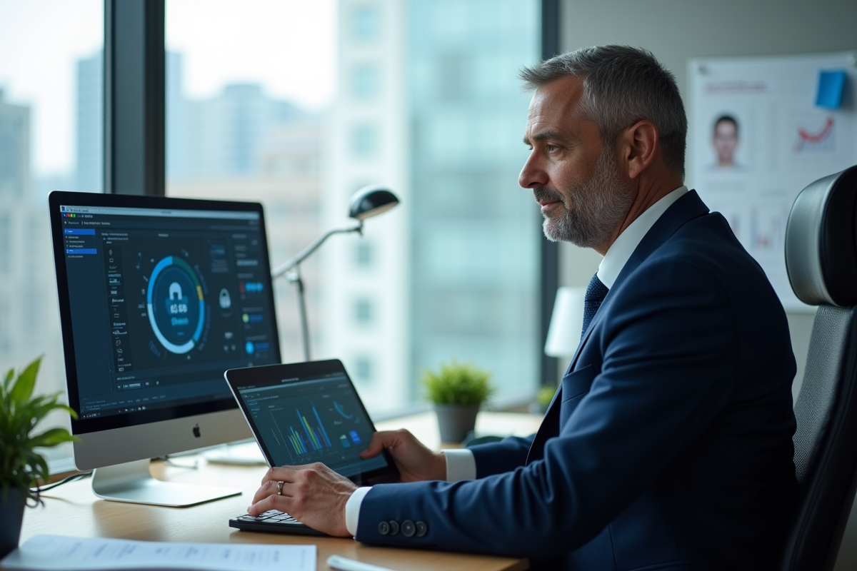 Manager informatique travaillant sur son bureau avec tableau de cybersécurité