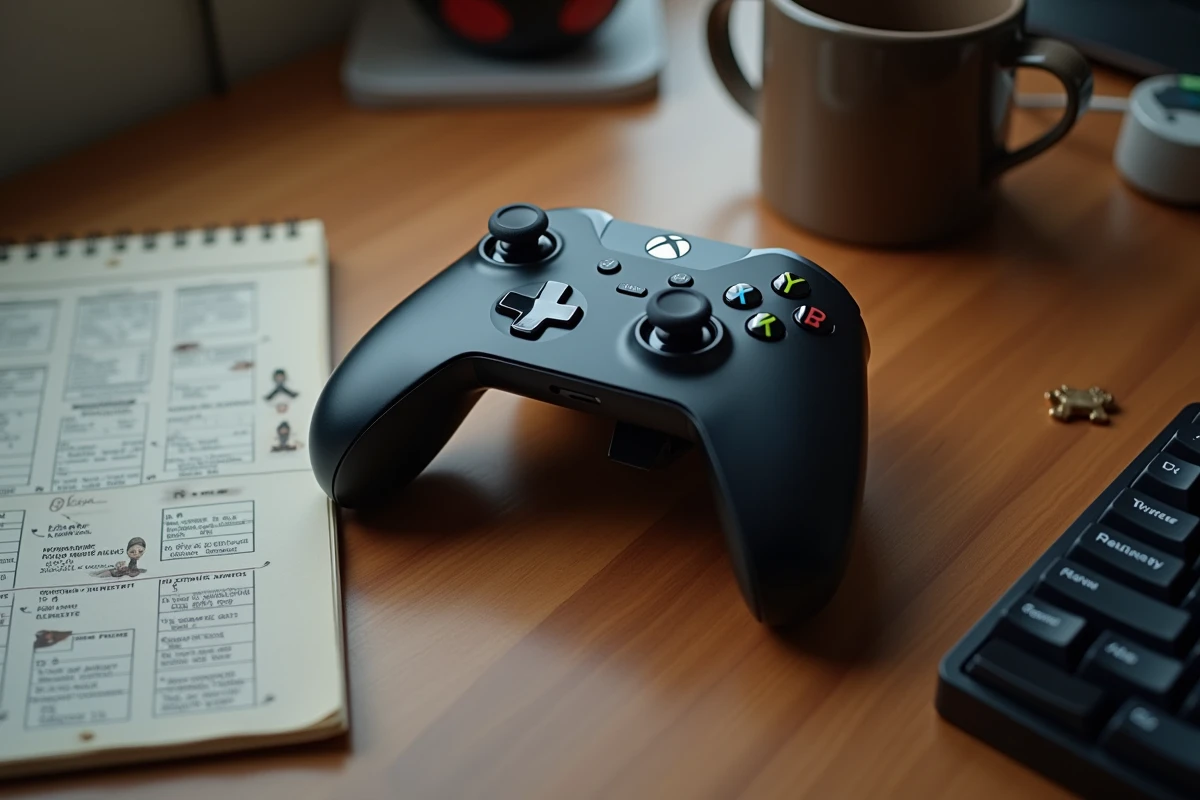 Manette Xbox posée sur un bureau de joueur avec clavier mécanique et notes de sorties de jeux exclusifs