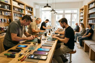 Vue intérieure d'une boutique de réparation de smartphones dans la Marne, techniciens au travail sur des appareils démontés devant des clients