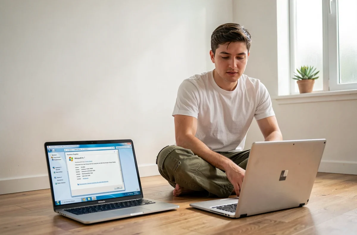 Jeune homme optimisant les performances de Windows 7 64 bits sur un ancien ordinateur portable dans un appartement minimaliste