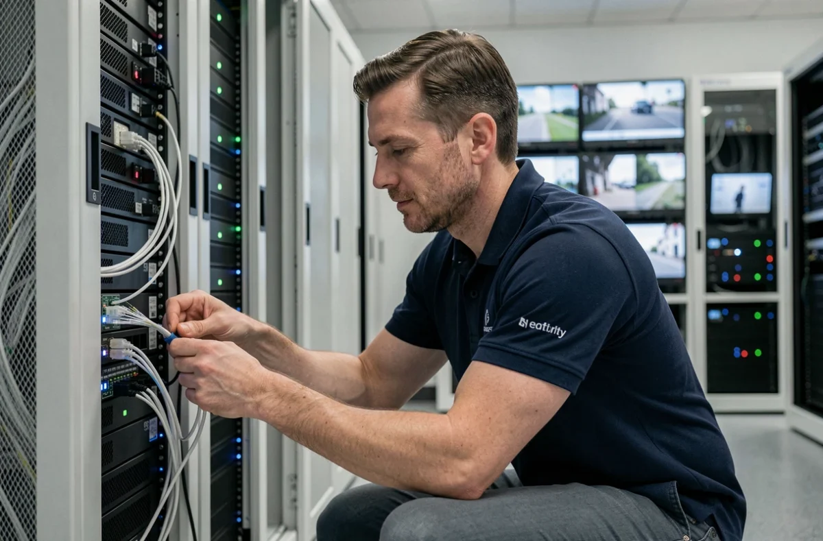 Technicien Ouest-Digit connectant des câbles réseau à un enregistreur NVR dans une salle serveur professionnelle