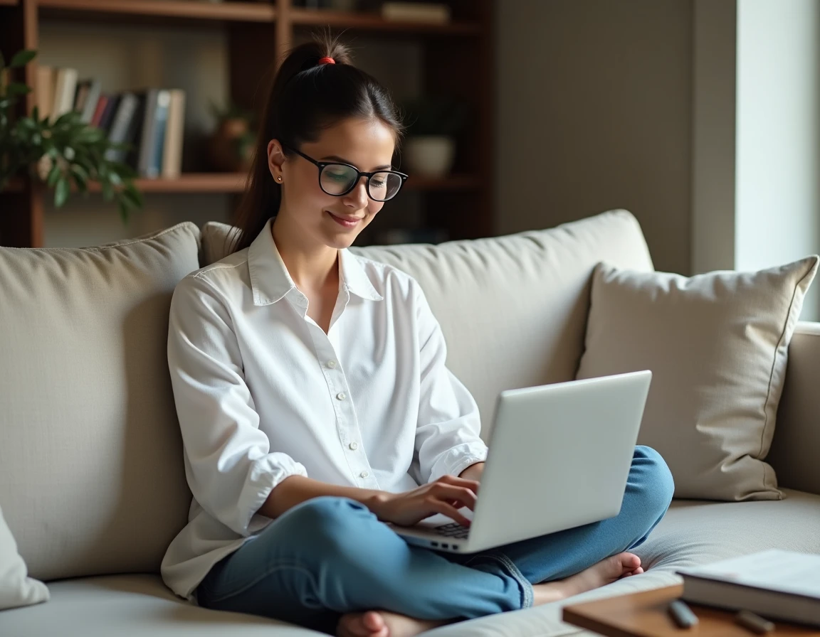 Jeune femme utilisant un outil en ligne gratuit pour supprimer des pages d'un PDF depuis son canapé en toute confidentialité