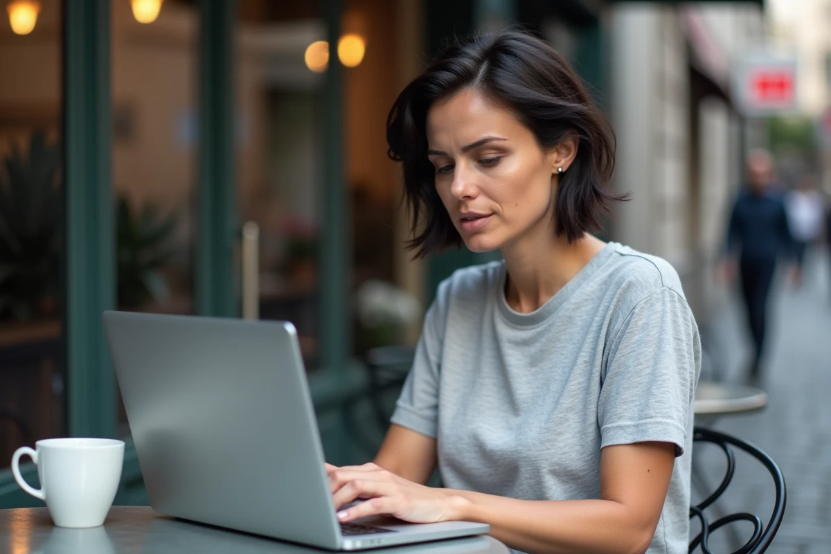 Femme utilisant un outil de conversion YouTube en MP4 sur son ordinateur dans un café en ville