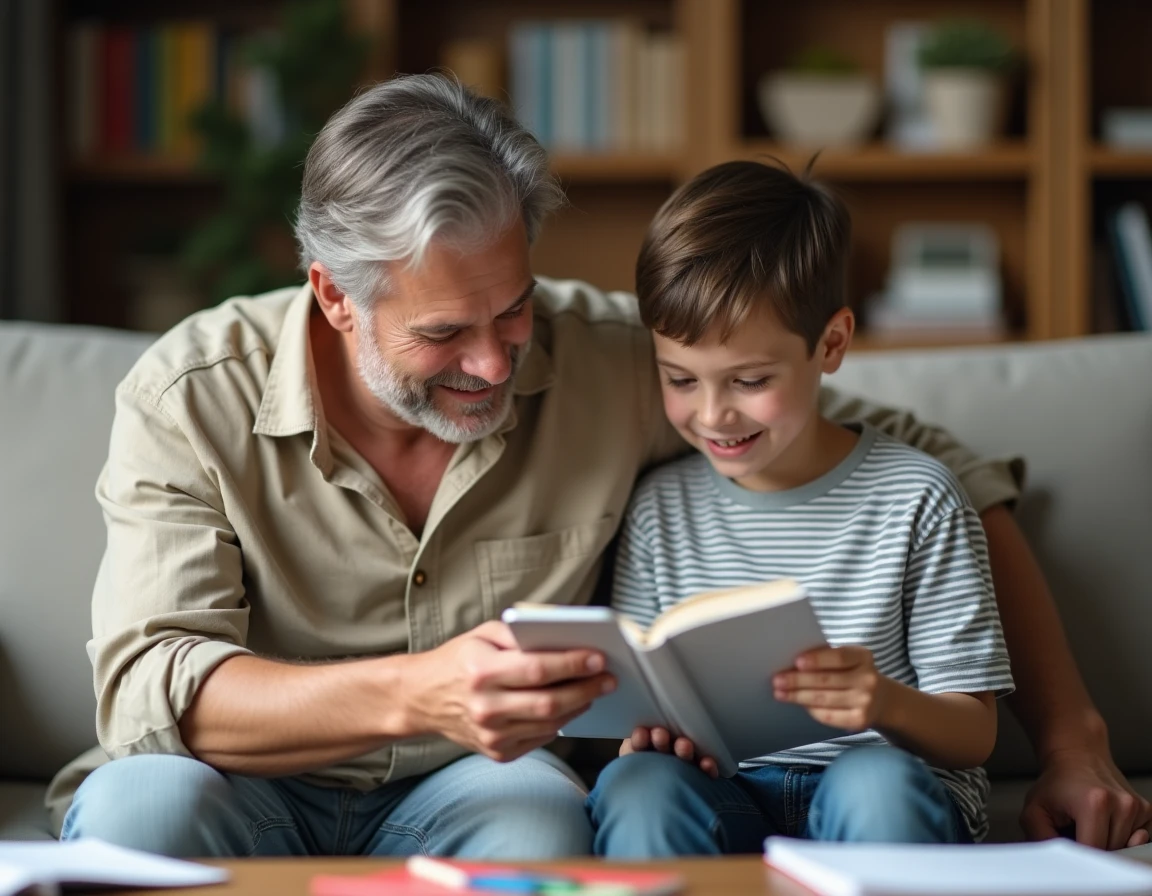 Parent et enfant comparant un cahier de texte papier et un outil numérique sur smartphone dans le salon, illustrant le choix entre agenda scolaire traditionnel et électronique