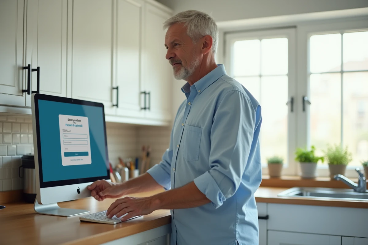 Parent consultant l'ENT 41 sur ordinateur dans la cuisine à la maison