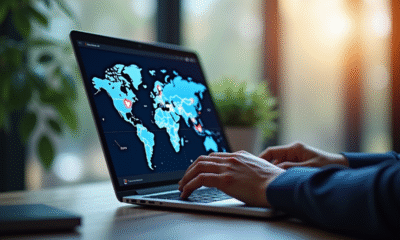 Personne tapant sur un ordinateur portable avec carte du monde