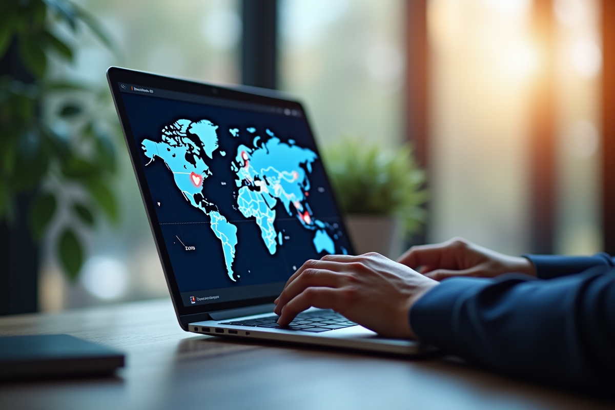 Personne tapant sur un ordinateur portable avec carte du monde