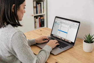Femme personnalisant les raccourcis clavier pour le point d'exclamation sur un MacBook Pro dans un bureau à domicile épuré