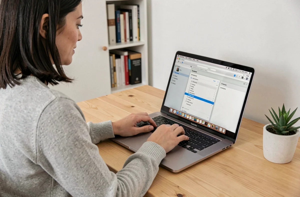 Femme personnalisant les raccourcis clavier pour le point d'exclamation sur un MacBook Pro dans un bureau à domicile épuré