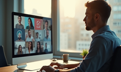 Personne assise à un bureau lumineux face à un écran de réseaux sociaux